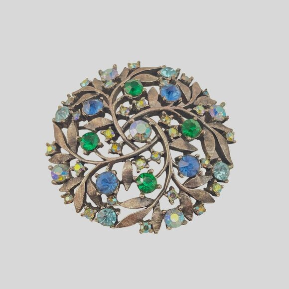 Rare Unsigned Florenza Round Aurora Borealis Blue Green Leaf Brooch Pin Vintage - Picture 1 of 6